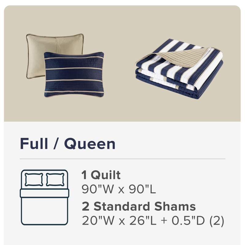 Comfort Spaces Quilt Set Trendy Casual Fun, Vibrant Color Design, Hypoallergenic All Season, Lightweight Coverlet Bedspread Cozy Kids Bedding & Sham Full/Queen Verone White Blue Stripe 3 Piece - Image 5