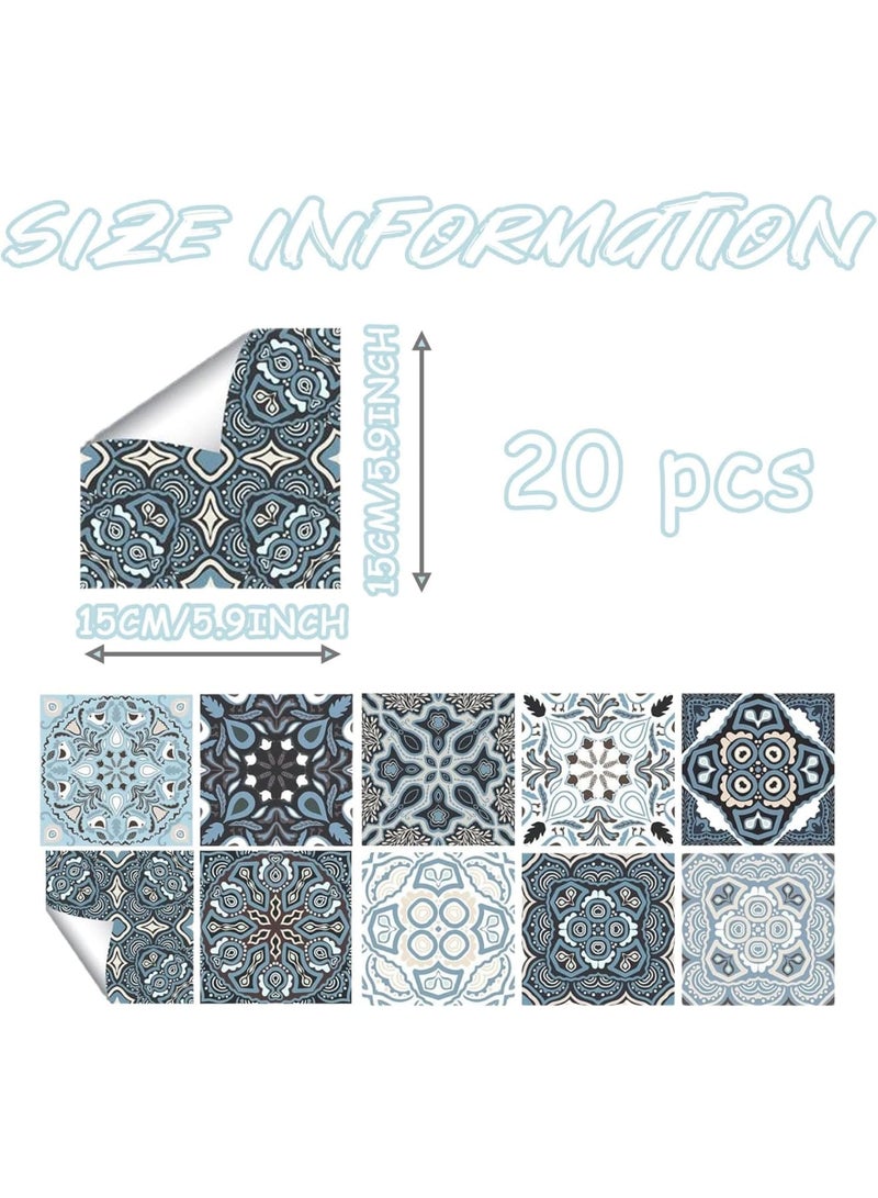 SYOSI Tile Stickers, Peel and Stick Kitchen Backsplash Tiles, Self-Adhesive Waterproof PVC Wall Stickers, Easy Install Decorative Wall Panels, Anti-Slip Surface, Retro Pattern for Home, Bathroom, 20pcs Blue - Image 2
