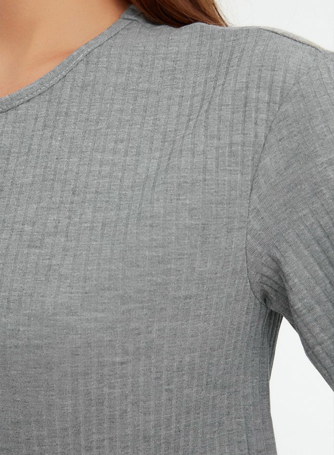 trendyol Gray Ribbed Shorts Knitted Pajama Set - Image 4