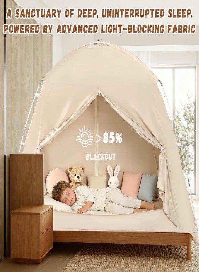 jiangcha Bed Tents for Kids and Adults, Portable 100% Breathable and 85% Blackout Dream Play Tent, 3 Doors Big Privacy Space Sleeping Canopy for Floor or Twin Full Queen Sizes Bed (Beige, Full-Size) - Image 5