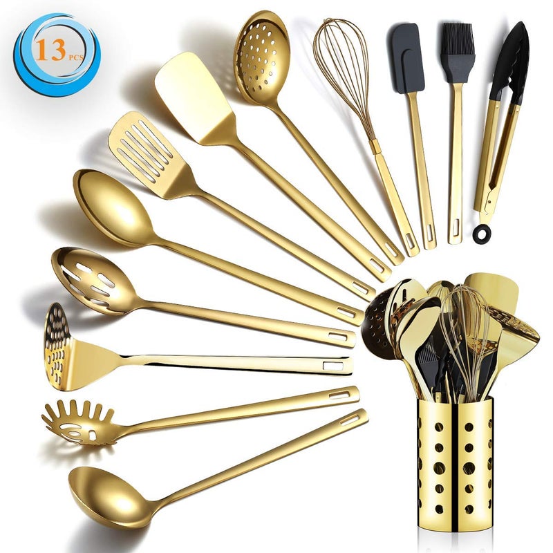 Gold Cooking Utensils Set Berglander Stainless Steel 13 Pieces Kitchen Utensils Set With Titanium Gold Plating Kitchen Tools Set With Utensil Holder Dishwasher Safe Easy to Clean