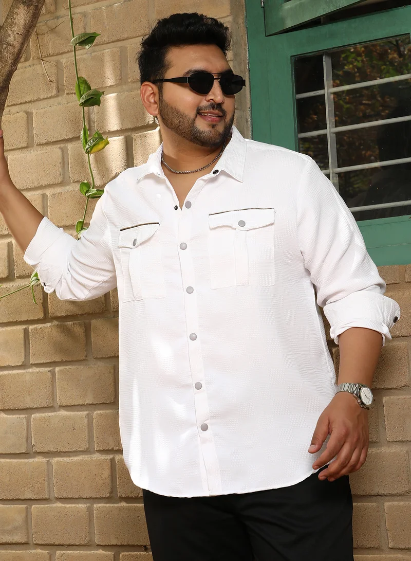 Instafab Plus Instafab Plus Men's Chalk White Safari-Utility Relaxed Shirt For Casual Wear | Spread Collar | Long Cuffed Sleeves | Button Closure | Plus Size Shirt Crafted With Comfort Fit For Everyday Wear