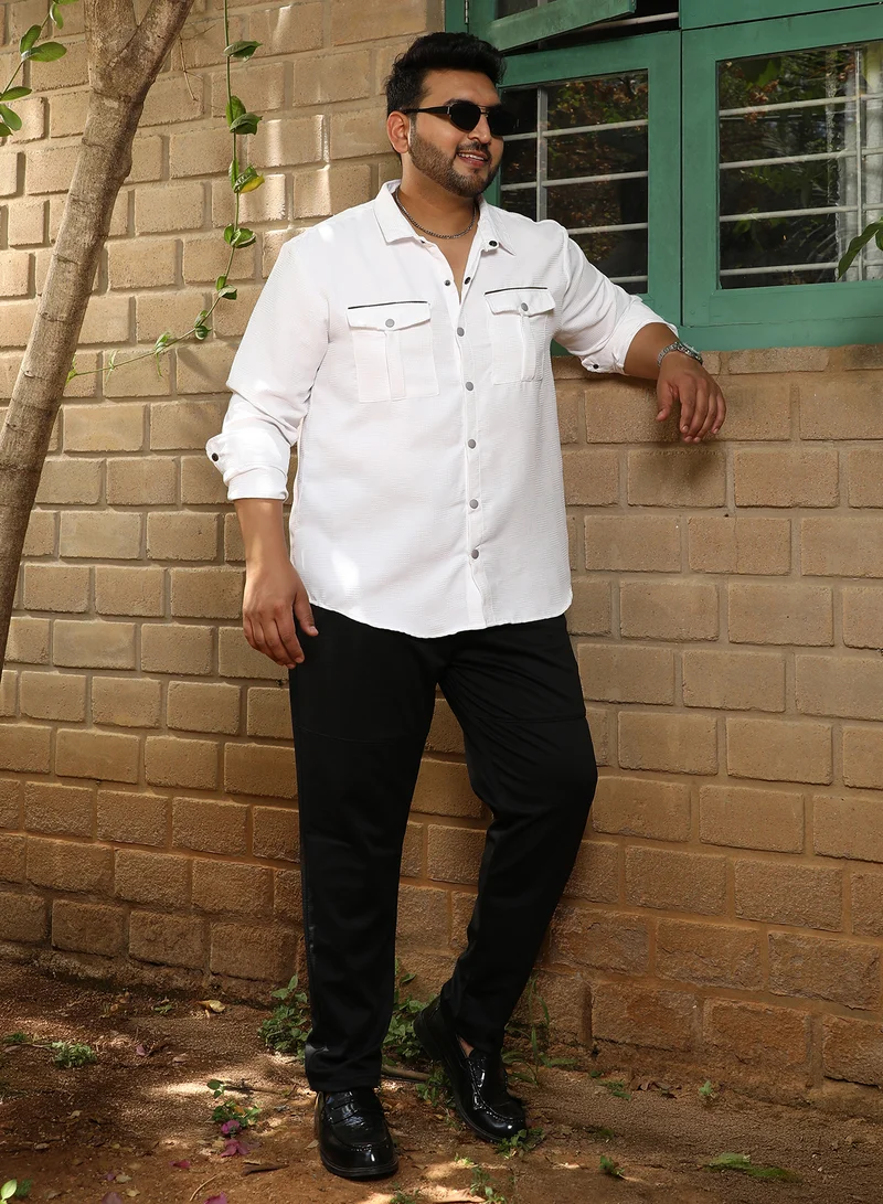 Instafab Plus Instafab Plus Men's Chalk White Safari-Utility Relaxed Shirt For Casual Wear | Spread Collar | Long Cuffed Sleeves | Button Closure | Plus Size Shirt Crafted With Comfort Fit For Everyday Wear