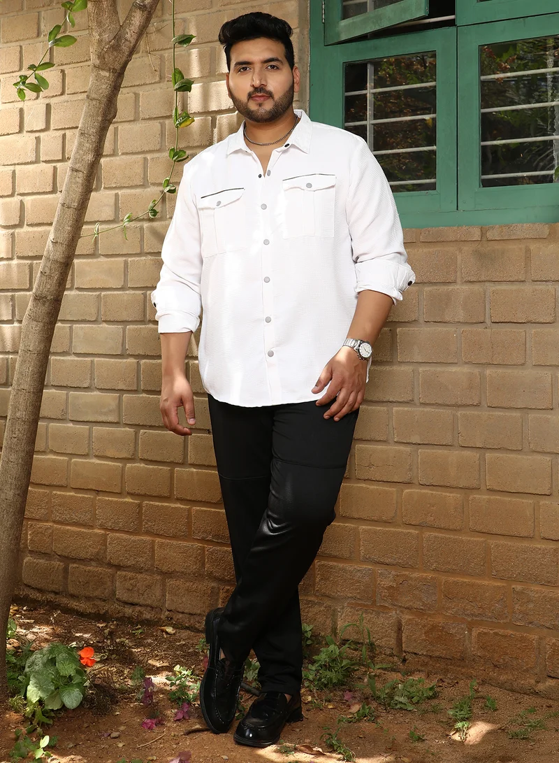 Instafab Plus Instafab Plus Men's Chalk White Safari-Utility Relaxed Shirt For Casual Wear | Spread Collar | Long Cuffed Sleeves | Button Closure | Plus Size Shirt Crafted With Comfort Fit For Everyday Wear