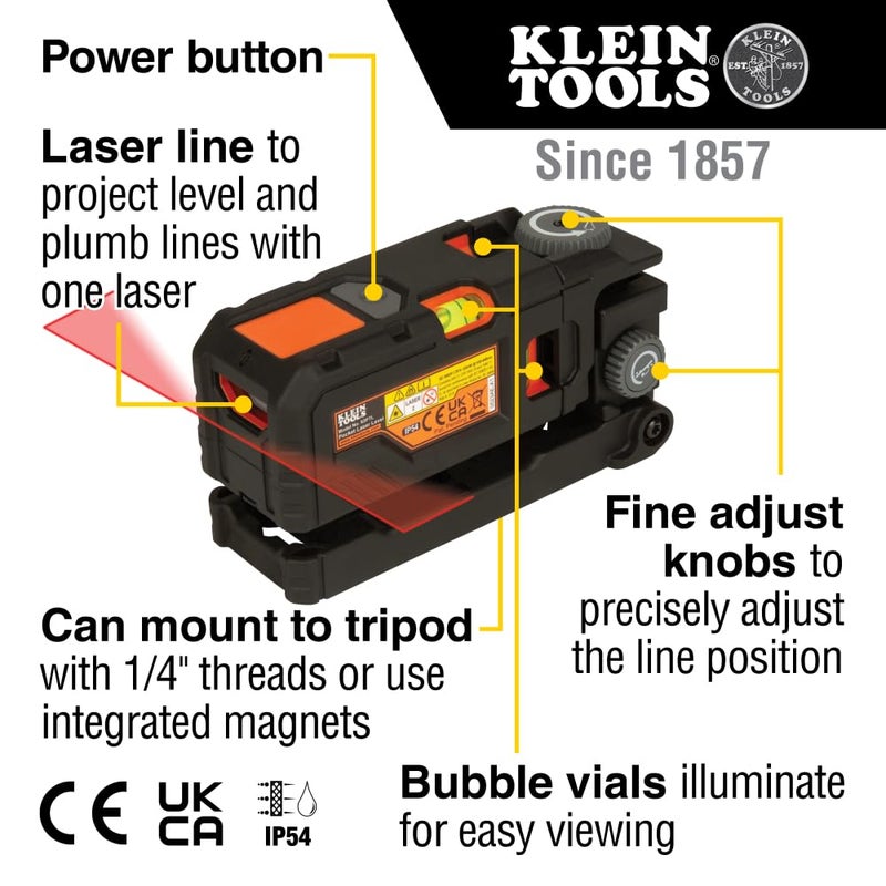 Klein Tools 93PTL Magnetic Pocket Laser Level, Bright Red Leveling and Alignment Tool, Class 2, â‰¤ 1mW, 3 Bubble Vials, 360-Degree Wall Attachment, Picture Hanging - Image 2
