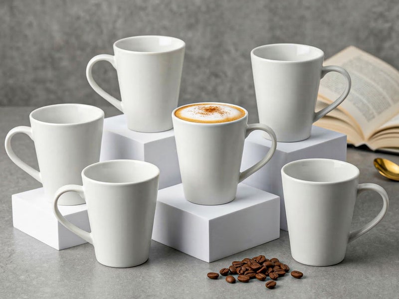 Bodhi House 'Kawaii' Large Coffee Mug Set of 6, Stoneware Tea Cup, Microwave Safe Milk Cup, Glossy Finish, Ideal for Daily use, Casual Gatherings and Gifting, White, 350 Ml - Image 1