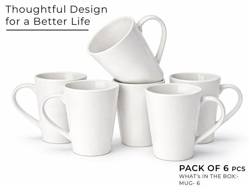 Bodhi House 'Kawaii' Large Coffee Mug Set of 6, Stoneware Tea Cup, Microwave Safe Milk Cup, Glossy Finish, Ideal for Daily use, Casual Gatherings and Gifting, White, 350 Ml - Image 2