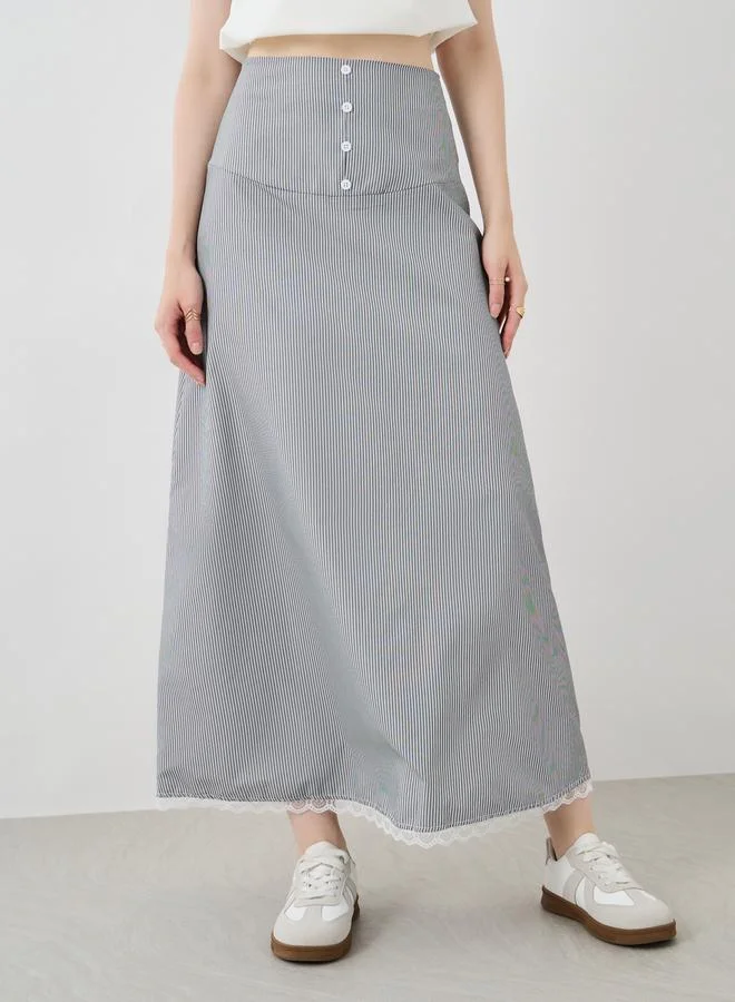 تايك تو Take Two Striped Lace Hem Buttoned Maxi Skirt