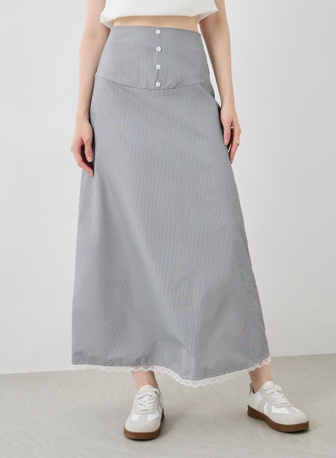 Take Two Take Two Striped Lace Hem Buttoned Maxi Skirt  - Image 2