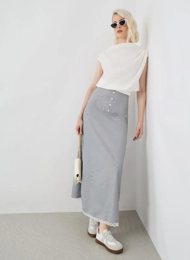 تايك تو Take Two Striped Lace Hem Buttoned Maxi Skirt