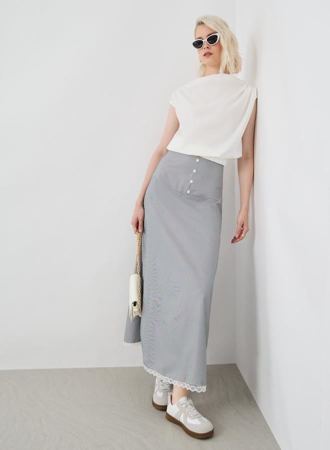 Take Two Take Two Striped Lace Hem Buttoned Maxi Skirt  - Image 1