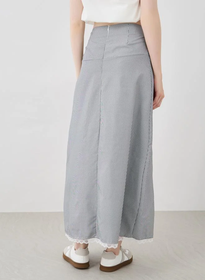 Take Two Take Two Striped Lace Hem Buttoned Maxi Skirt
