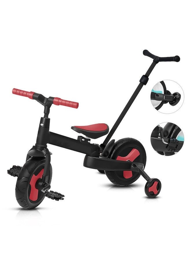 Nadle Kids Trike, Balance Bike and Stroller, Foldable, Multifunctional, Adjustable Handlebars, Pedal Brakes, Red/Black - Image 1