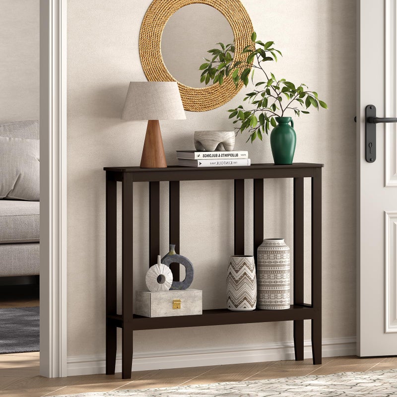 ELYKEN Bamboo Console Tables for Entryway, 36.2" Long 2 Tier Hallway Table Behind Couch, 7â€ Narrow Sofa Table for Entrance, Entry, Living Room, Brown - Image 2