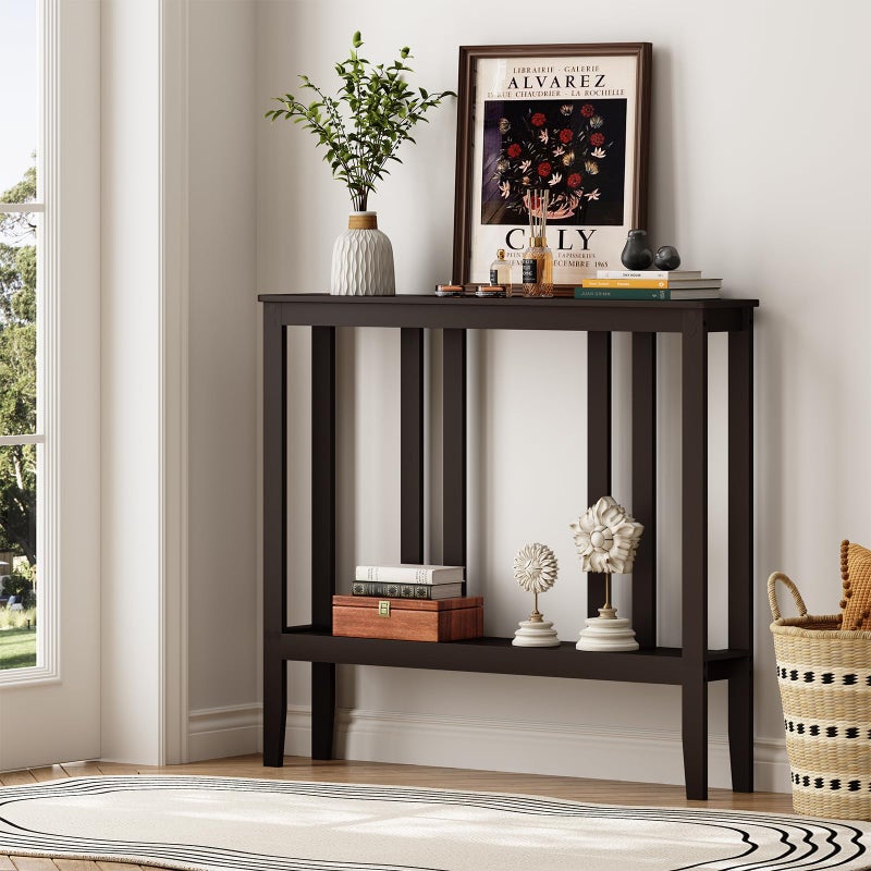 ELYKEN Bamboo Console Tables for Entryway, 36.2" Long 2 Tier Hallway Table Behind Couch, 7â€ Narrow Sofa Table for Entrance, Entry, Living Room, Brown - Image 4
