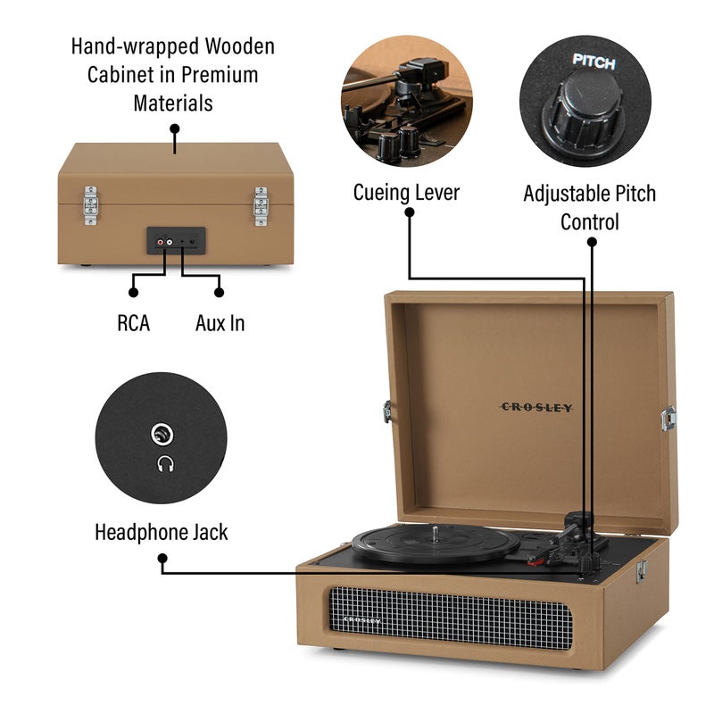 Crosley CR8017B-TA Voyager Vintage Portable Vinyl Record Player Turntable with Bluetooth in/Out and Built-in Speakers, Tan - Image 3