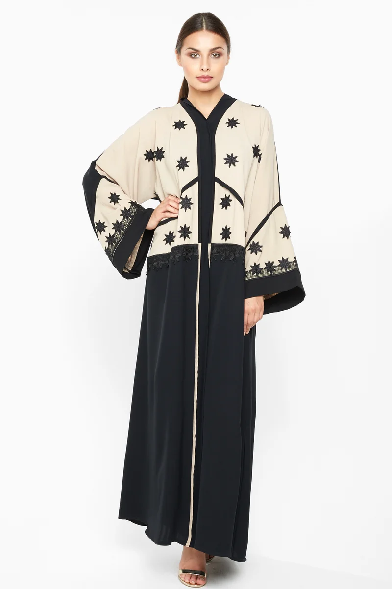 النخبة A casual abaya with floral lace detailing-AJ653A