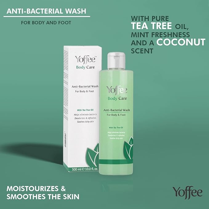 Yoffee Body Care Antibacterial Wash for Body and Feet Antifungal with pure Tree Tea Oil and Mint Eliminates body odour Relieves itching irritations and inflammations 300ml Made in Spain