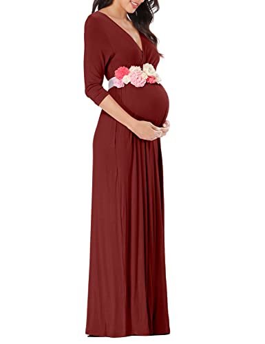 KIM S Plus Size Maternity Dress Winter Photoshoot Long Sleeve Gender Reveal Christmas Baby Shower Fall Formal Maxi V Neck Wrap 2025 (Burgundy XL) - Image 4
