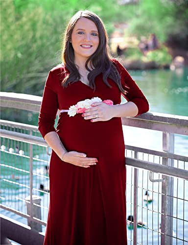 KIM S Plus Size Maternity Dress Winter Photoshoot Long Sleeve Gender Reveal Christmas Baby Shower Fall Formal Maxi V Neck Wrap 2025 (Burgundy XL) - Image 2
