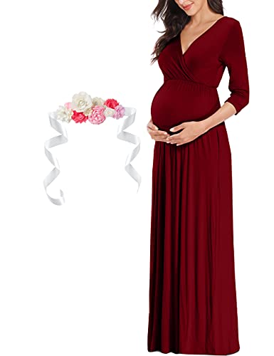 KIM S Plus Size Maternity Dress Winter Photoshoot Long Sleeve Gender Reveal Christmas Baby Shower Fall Formal Maxi V Neck Wrap 2025 (Burgundy XL) - Image 3