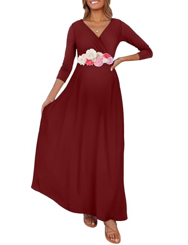 KIM S Plus Size Maternity Dress Winter Photoshoot Long Sleeve Gender Reveal Christmas Baby Shower Fall Formal Maxi V Neck Wrap 2025 (Burgundy XL) - Image 1