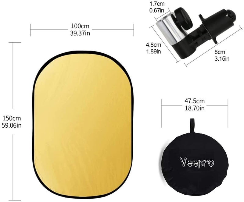 VTS 40"X 60"/100 X 150CM Photo Light Reflector Photography Kit 5-in-1 Gold/Silver/White/Black/Diffuser with Holder Clip & Collapsible Multi-Disc Carrying Case for Studio Outdoor Lighting (100x150 REFLECTOR) - Image 2