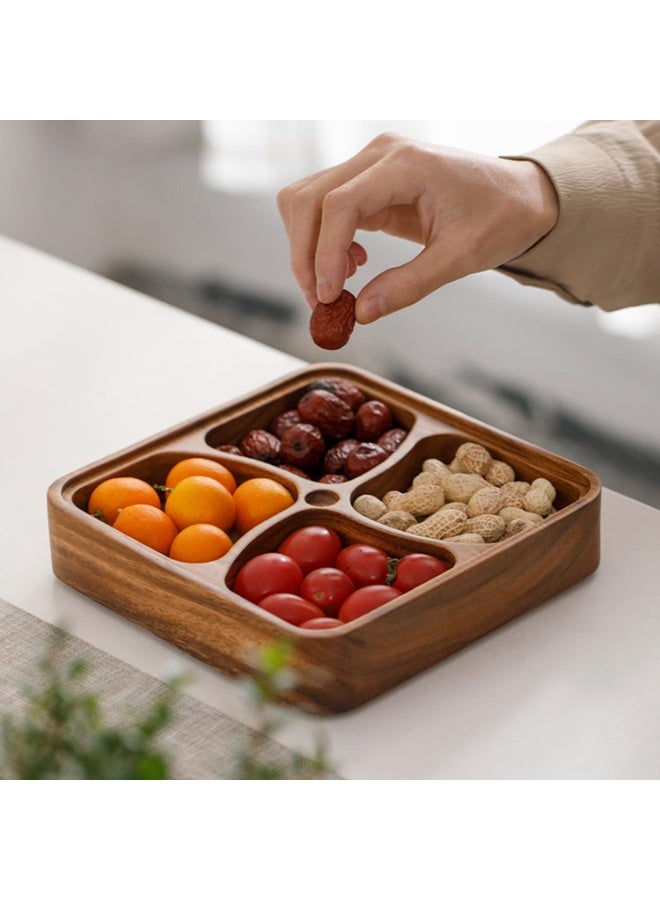 Wooden Divided Serving Tray, 4 Compartments, Snack and Fruit Storage Box, 20 cm x 20 cm - Image 1