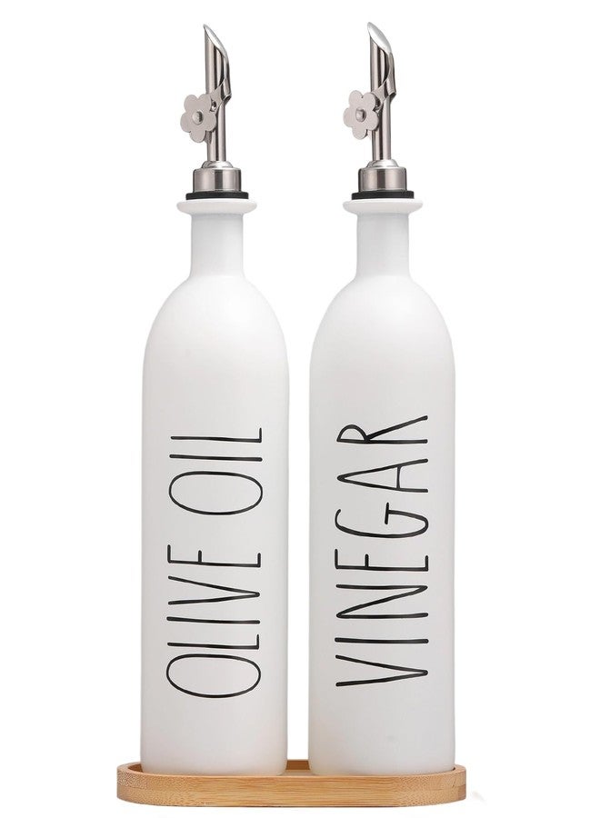 HOMCDALY 16oz Olive Oil Dispenser Bottles for Kitchen, White Oil and Vinegar Dispenser Set, Two Olive Oil Bottles with Bamboo Tray | Set of 2 (16oz-P-White) - Image 1