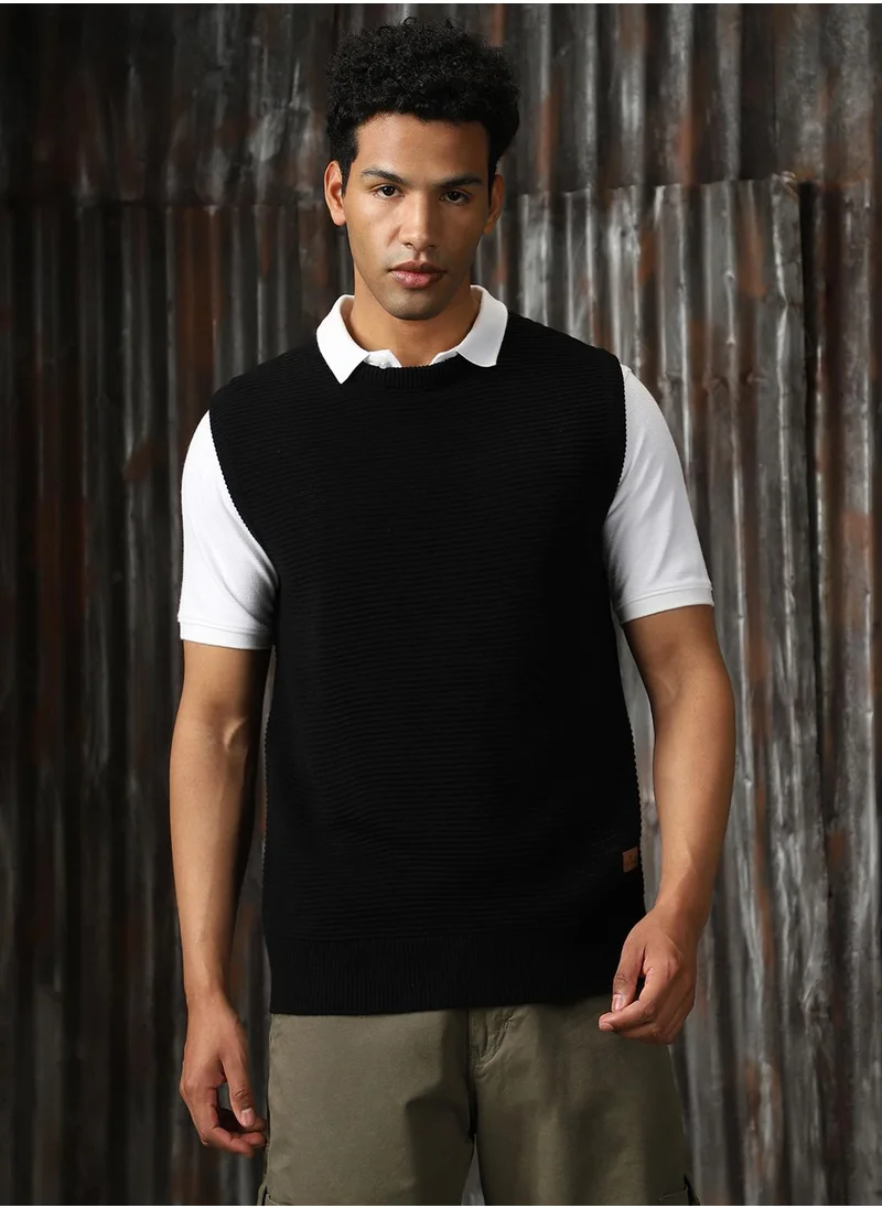HIGH STAR Men's Black 100% Acrylic Solid Relaxed Fit Sweater