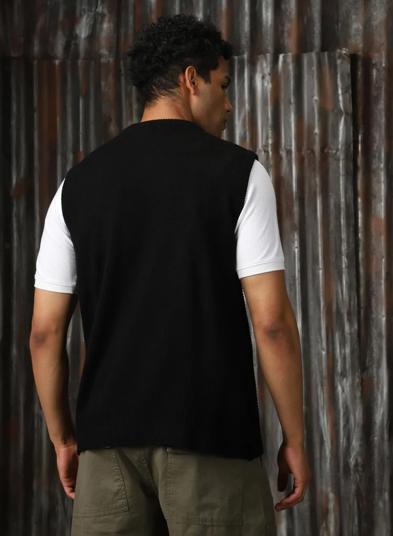 HIGH STAR Men's Black 100% Acrylic Solid Relaxed Fit Sweater