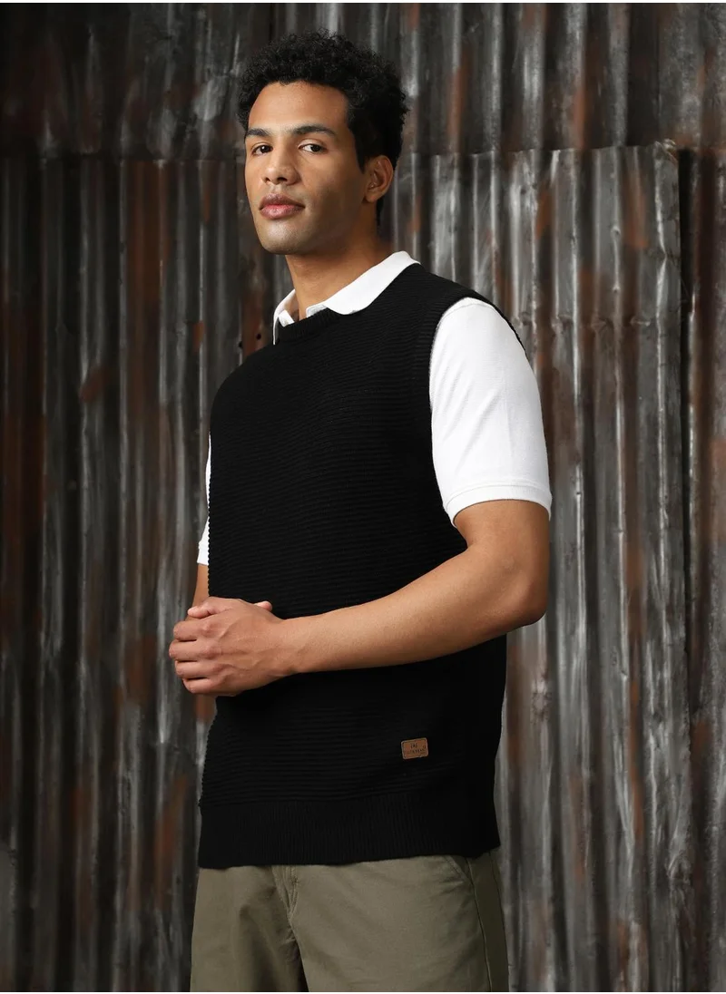 HIGH STAR Men's Black 100% Acrylic Solid Relaxed Fit Sweater