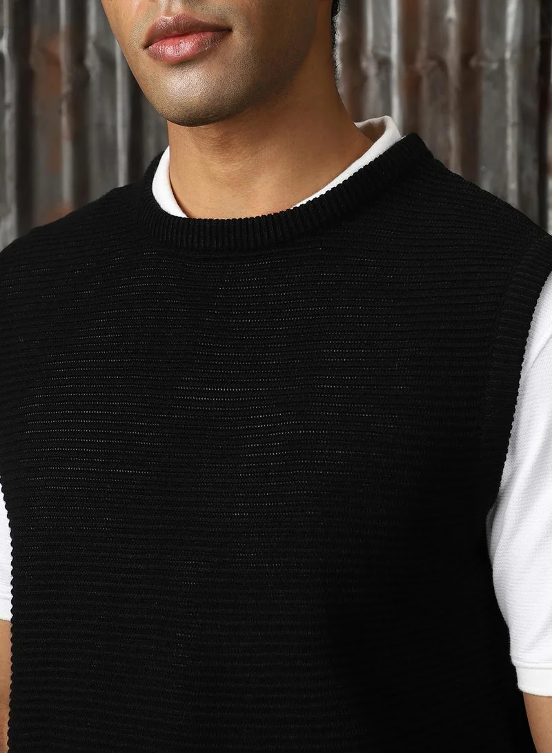 HIGH STAR Men's Black 100% Acrylic Solid Relaxed Fit Sweater