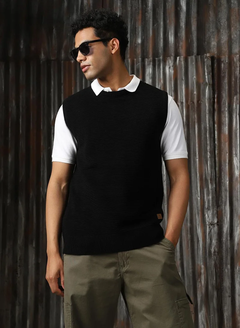 HIGH STAR Men's Black 100% Acrylic Solid Relaxed Fit Sweater