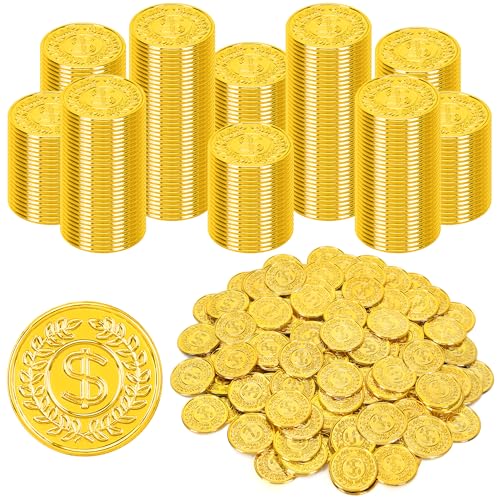 Fullive 200 PCS Gold Coins 14 in Plastic Coins 008 in Thick Fake Coins Pirate Coins Leprechaun Gold Coins Tokens Pirate Decorations Teacher Classroom Reward Adventure Theme Party Supplies - Image 1