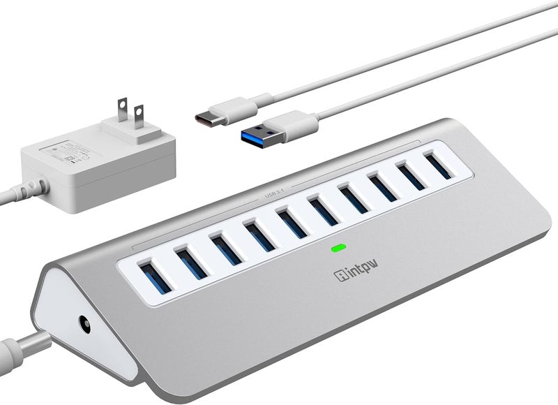 intpw Powered USB Hub 10Gbps, 10 Port USB 3.2 Gen 2 Hub with 10Gbps Data Transfer, 36W(12V/3A) Power Adapter, Type A and Type C Cable, Aluminum USB Data Hub for Mac, PC, Laptop - Image 1