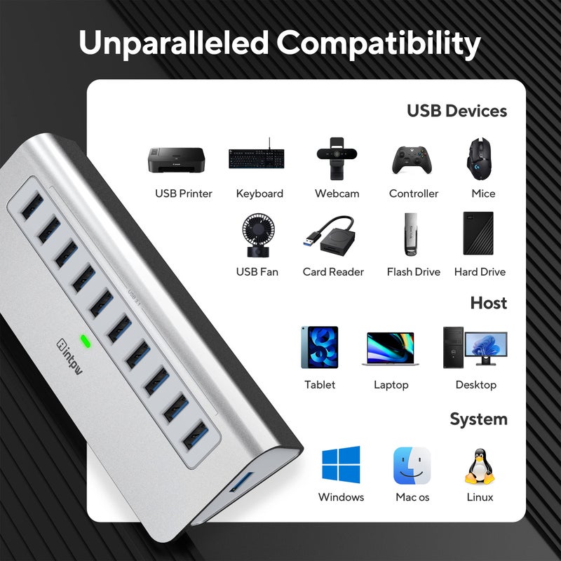 intpw Powered USB Hub 10Gbps, 10 Port USB 3.2 Gen 2 Hub with 10Gbps Data Transfer, 36W(12V/3A) Power Adapter, Type A and Type C Cable, Aluminum USB Data Hub for Mac, PC, Laptop - Image 5