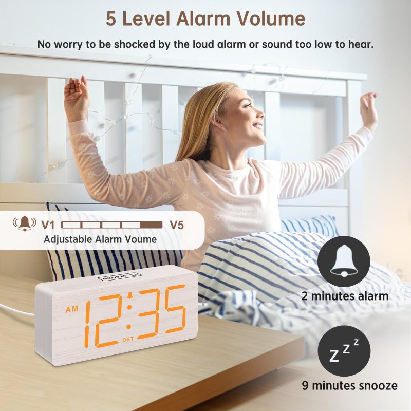 DreamSky Wooden Digital Alarm Clock for Bedroom - Loud Alarm Clock for Heavy Sleepers with Volume Control, Desk Clocks for Living Room with Large Numbers, Dimmer, DST, Wood Decor (Plug in Clock) - Image 3