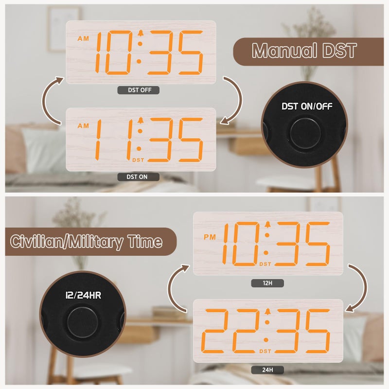 DreamSky Wooden Digital Alarm Clock for Bedroom - Loud Alarm Clock for Heavy Sleepers with Volume Control, Desk Clocks for Living Room with Large Numbers, Dimmer, DST, Wood Decor (Plug in Clock) - Image 5