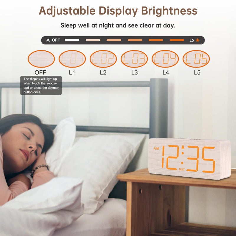 DreamSky Wooden Digital Alarm Clock for Bedroom - Loud Alarm Clock for Heavy Sleepers with Volume Control, Desk Clocks for Living Room with Large Numbers, Dimmer, DST, Wood Decor (Plug in Clock) - Image 4