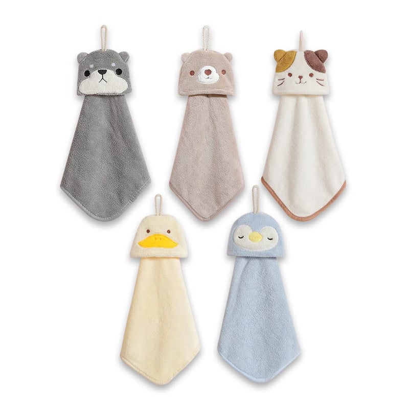 PRATIQUE 5 Pack Cute Hand Towels Bathroom Towels with Hanging Loop Children Hand Towel Animals Microfiber Coral Fleece Absorbent Hand Towel for Kitchen Bathroom Bedroom 5pcs