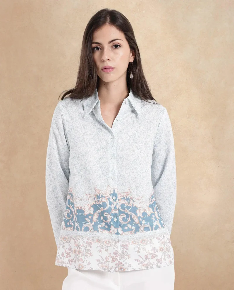 Rareism Women's Tropical Border Print Shirt