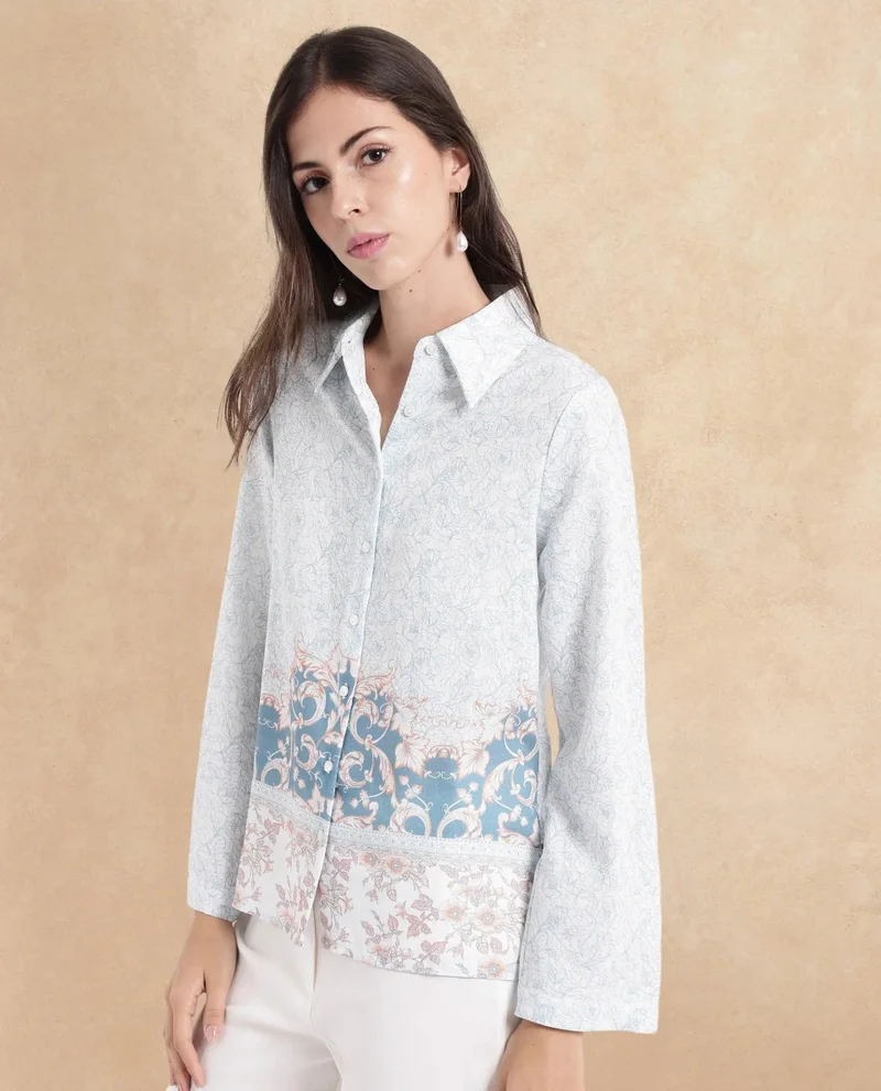 Rareism Women's Tropical Border Print Shirt