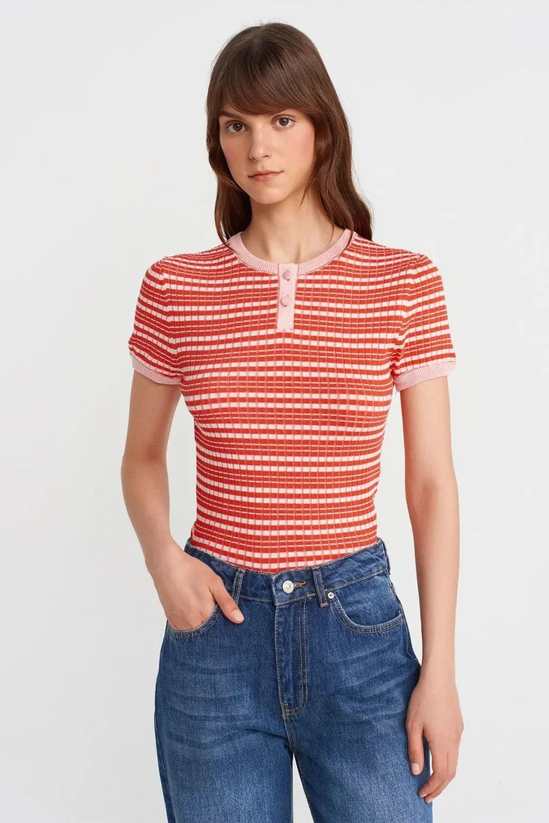 DILVIN Striped Ribbed Button-Front Blouse