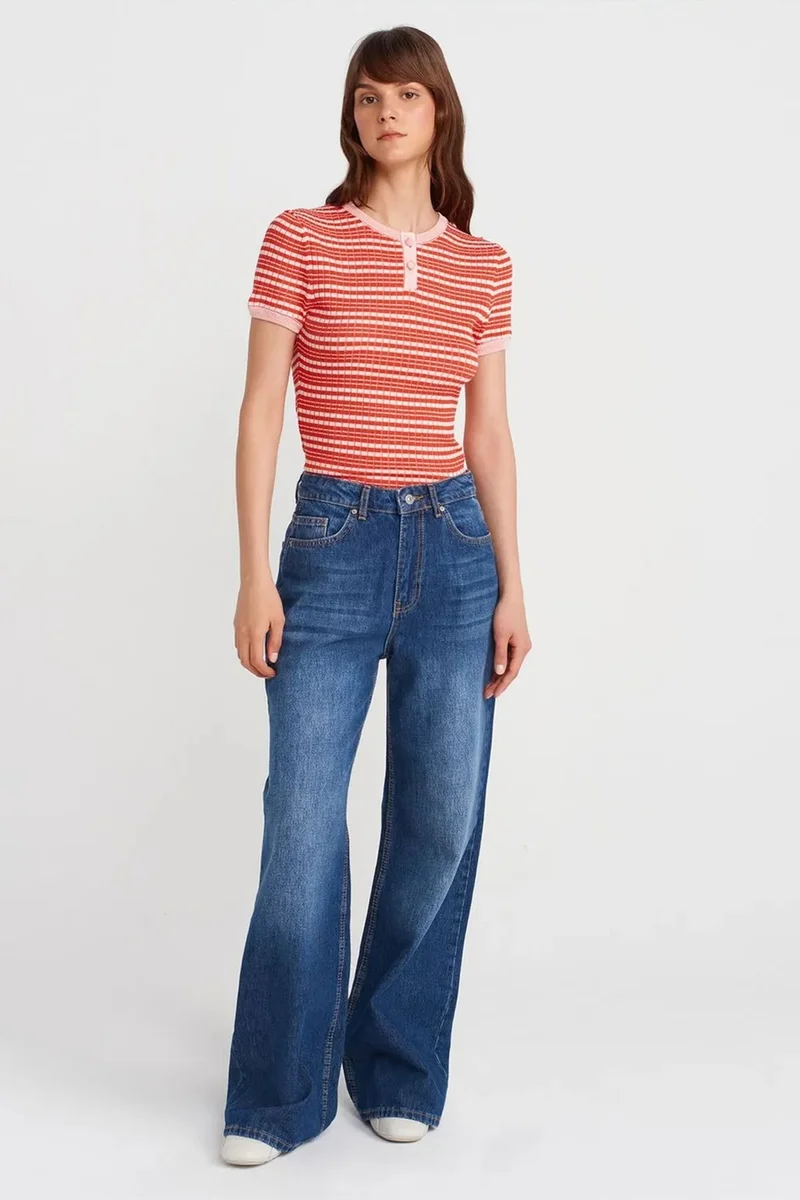 Dilvin Multicolor DILVIN Striped Ribbed Button-Front Blouse for Women | Best Price UAE