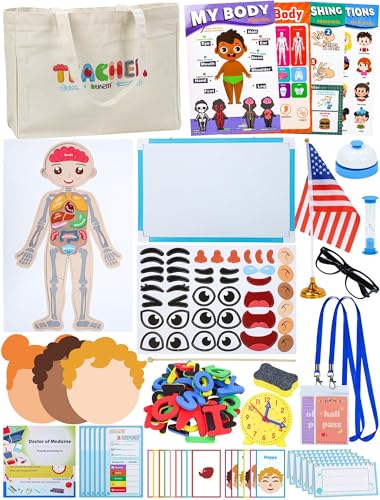 Learn2M Pretend Play Teacher Sets for Kids Role Pretend Play Kids School Toys with Whiteboard Teacher Bag Magnetic Puzzles Clock Posters and Teacher Supplies Classroom Learning Set - Image 1