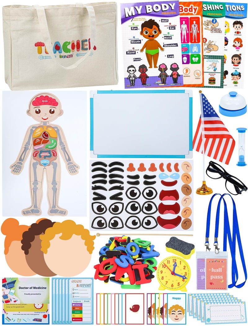 Learn2M Pretend Play Teacher Sets for Kids Role Pretend Play Kids School Toys with Whiteboard Teacher Bag Magnetic Puzzles Clock Posters and Teacher Supplies Classroom Learning Set - Image 3