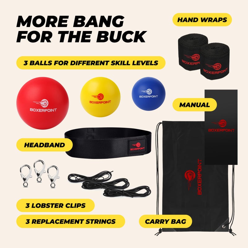 Boxerpoint Boxing Reflex Ball - Small, Multi-Color, Kids - Hand-Eye Coordination Training & Boxing Practice Set - 3-Level Reflex with Headband & Wraps - Gifts for Teen Boys, Christmas Gym Equipment - Image 4
