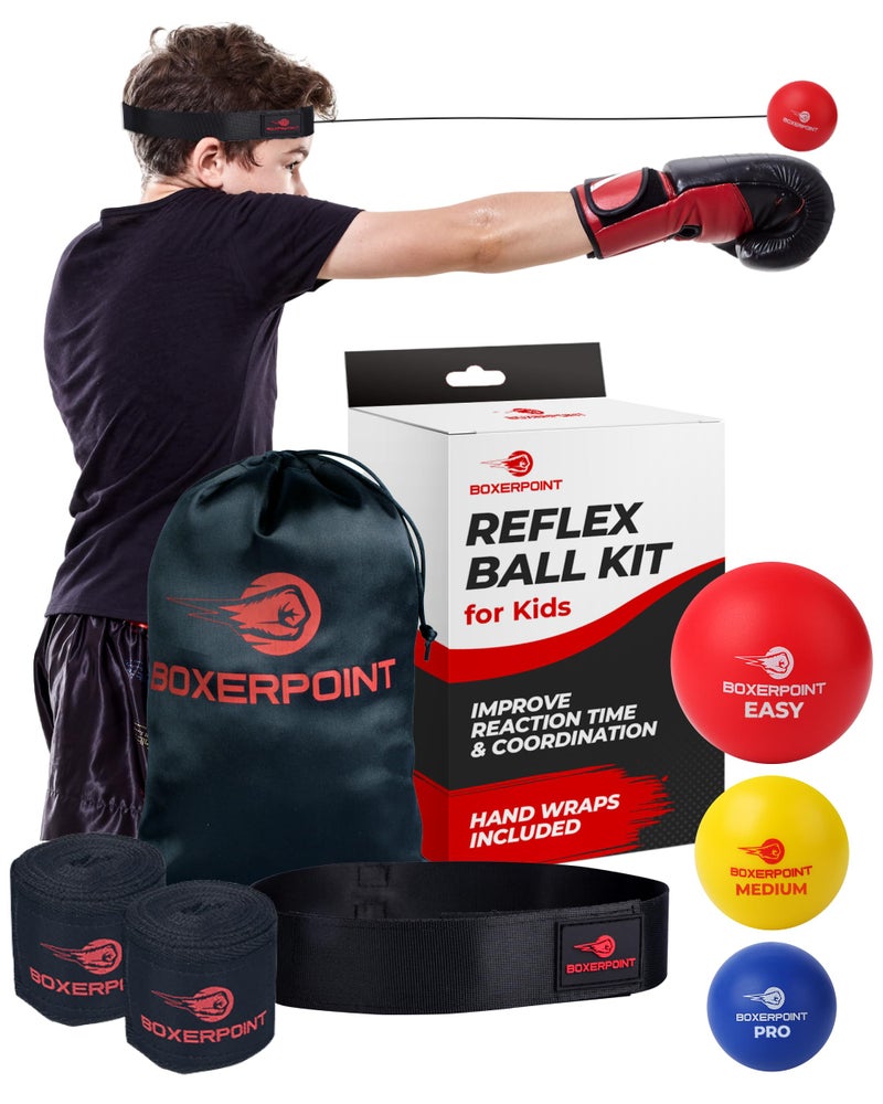 Boxerpoint Boxing Reflex Ball - Small, Multi-Color, Kids - Hand-Eye Coordination Training & Boxing Practice Set - 3-Level Reflex with Headband & Wraps - Gifts for Teen Boys, Christmas Gym Equipment - Image 1