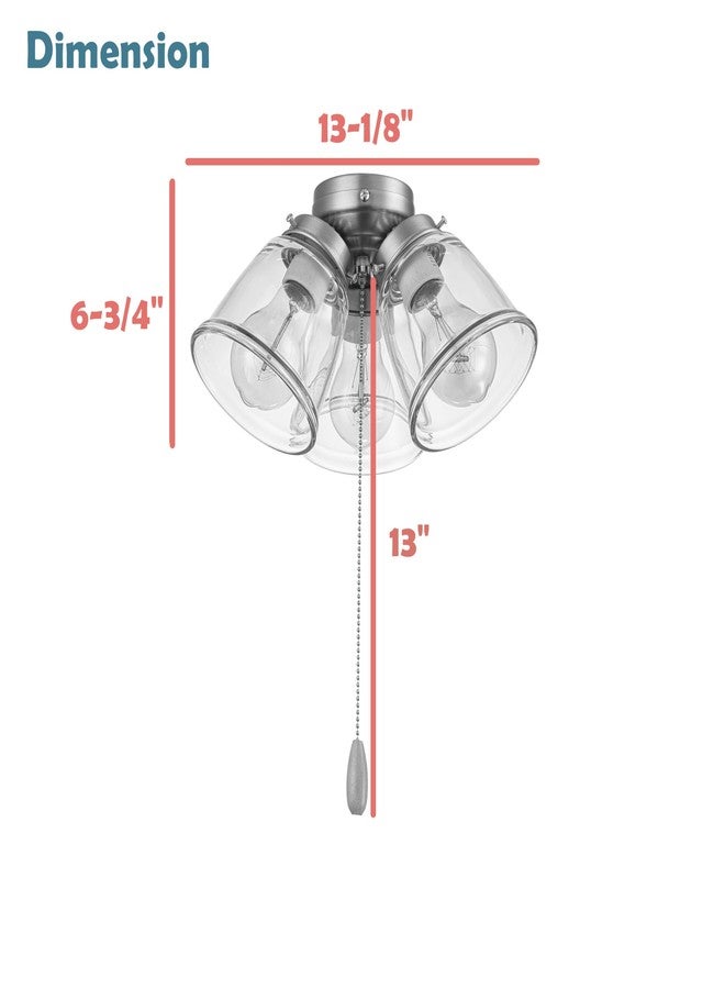 Aspen Creative 22011-1, Three-Light Ceiling Fan Light Kit with Pull Chain, Brushed Nickel Finish with Clear Glass Shades, 13-1/8" Diameter x 6-3/4" Height - Image 4